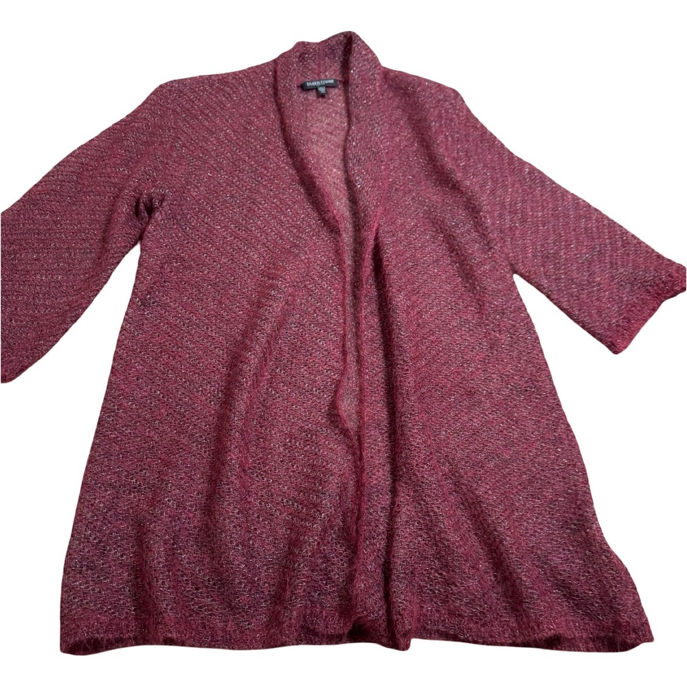 Eileen Fisher Mohair‎ Blend Open Front Cardigan Sweater Plum Wine Metallic PM